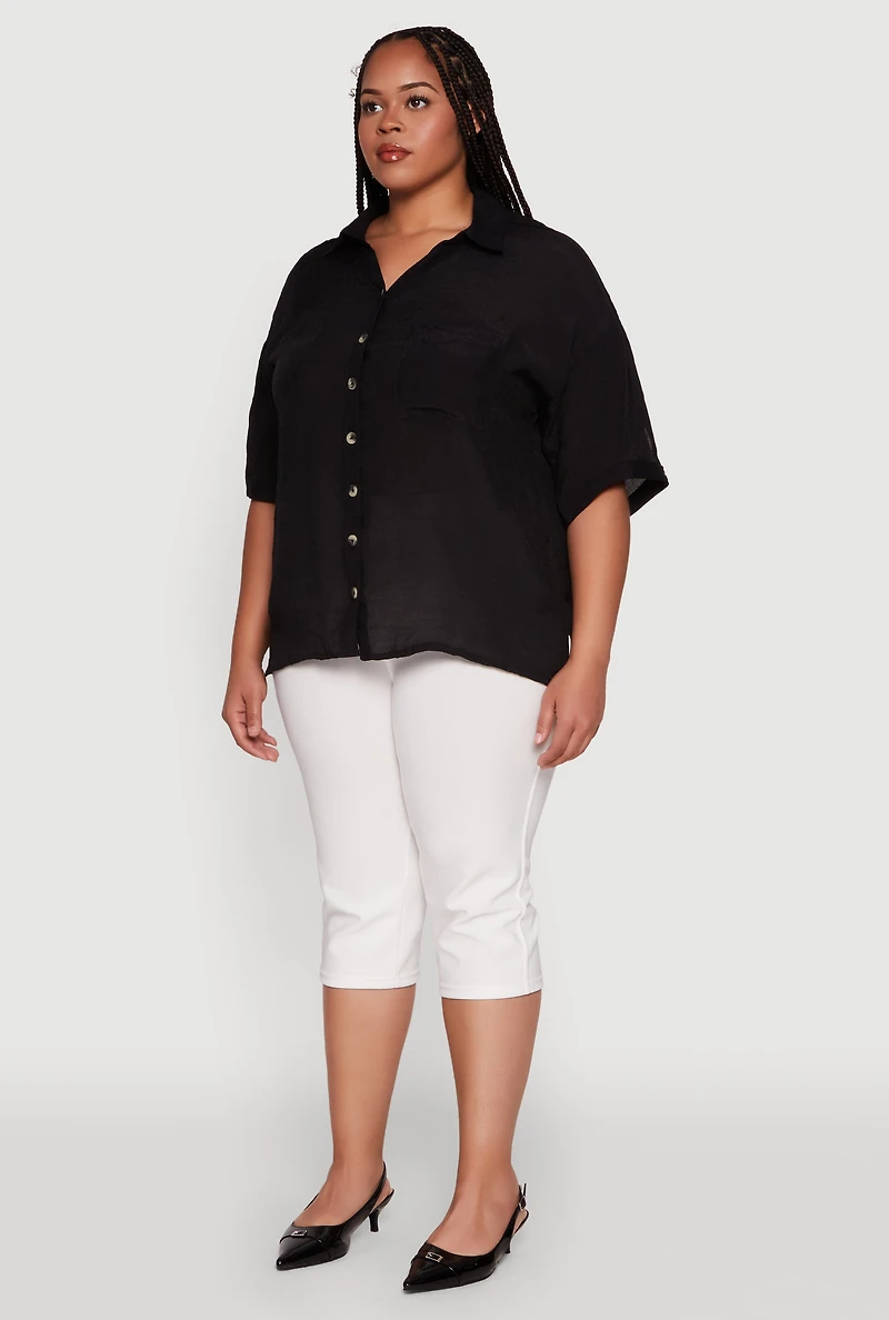 Womens Plus Chic Side Slit Button Front Shirt,
