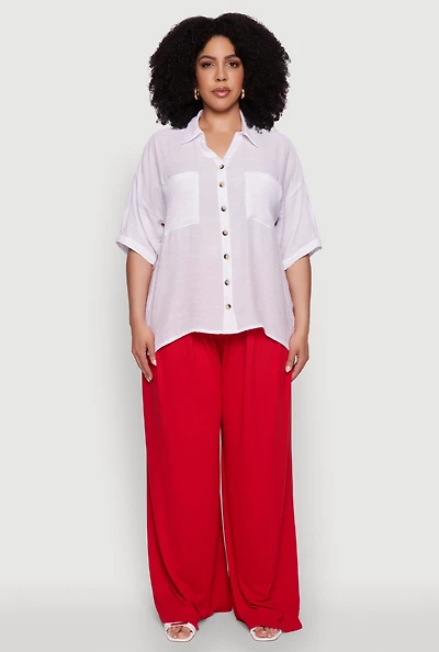 Womens Plus Size Chic Side Slit Button Front Shirt, White, Size 3X