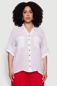 Womens Plus Size Chic Side Slit Button Front Shirt, White, Size 3X