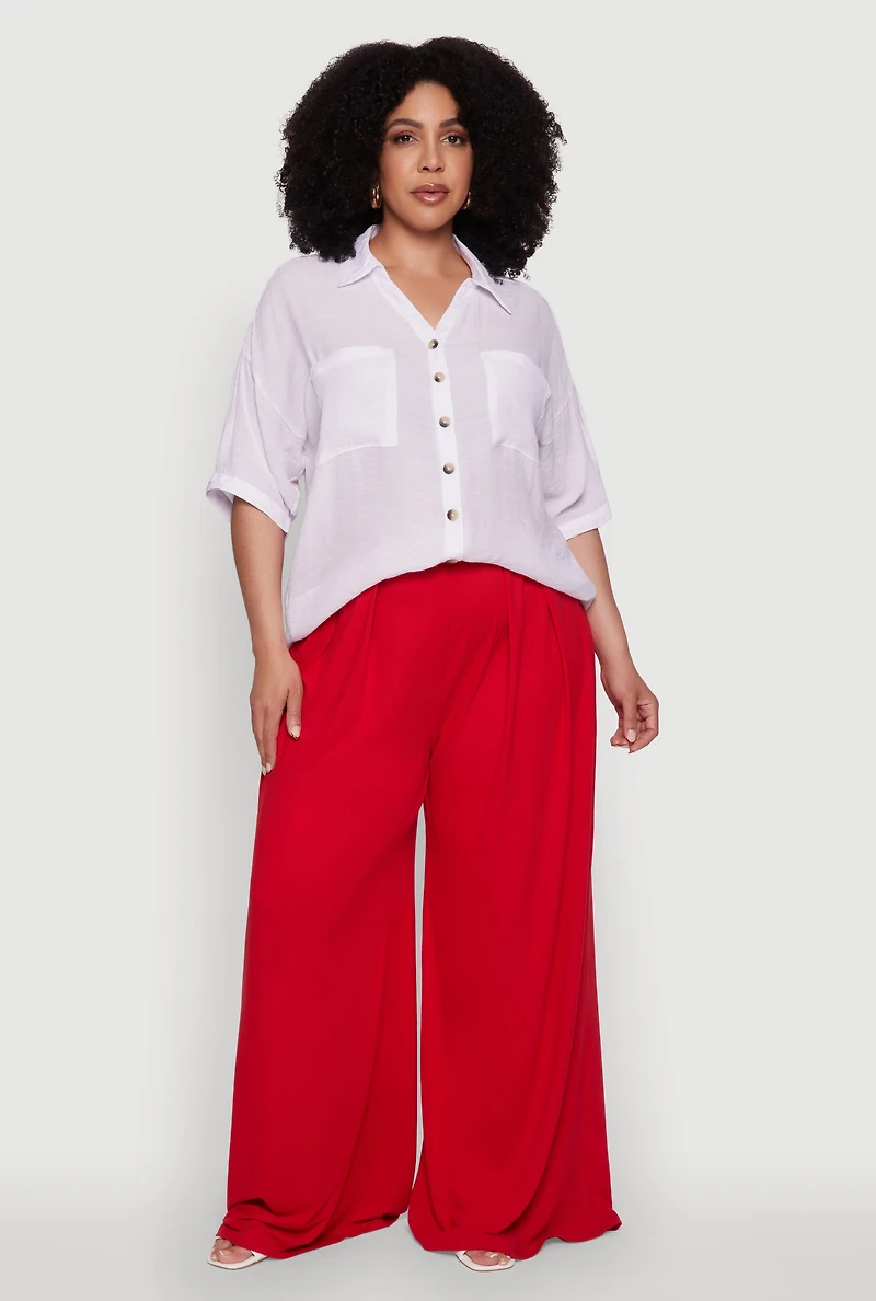 Womens Plus Size Chic Side Slit Button Front Shirt, White, Size 3X