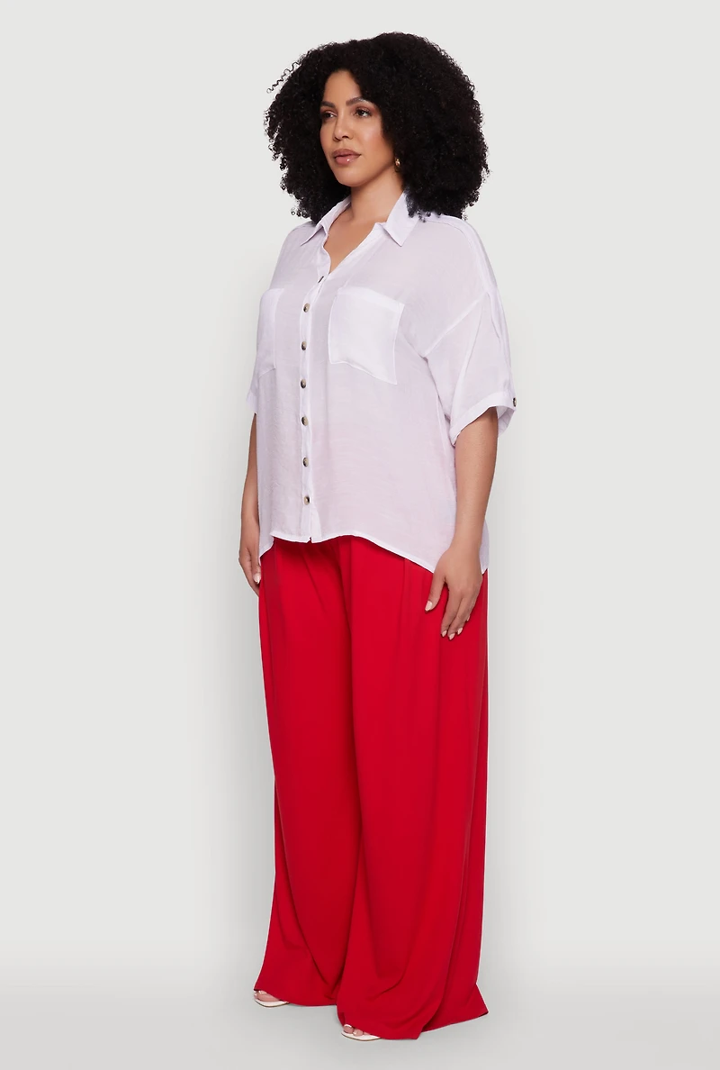 Womens Plus Size Chic Side Slit Button Front Shirt, White, Size 3X