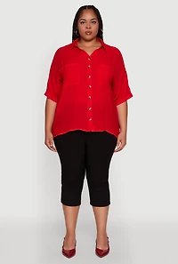 Womens Plus Size Chic Side Slit Button Front Shirt, Red, Size 2X