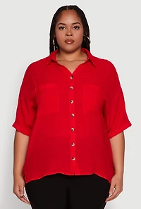 Womens Plus Size Chic Side Slit Button Front Shirt, Red, Size 2X