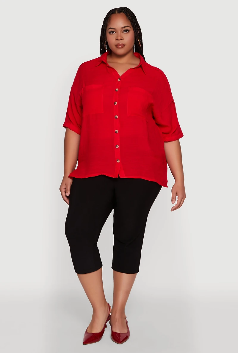 Womens Plus Size Chic Side Slit Button Front Shirt, Red, Size 2X
