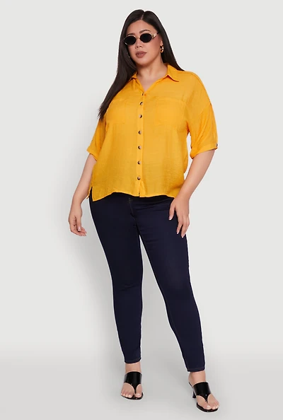 Womens Plus Chic Side Slit Button Front Shirt, Yellow,