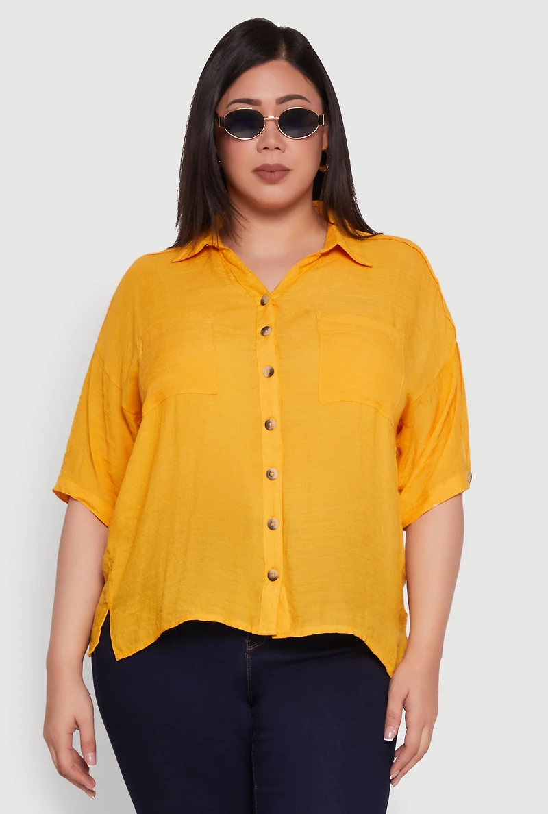 Womens Plus Chic Side Slit Button Front Shirt, Yellow,