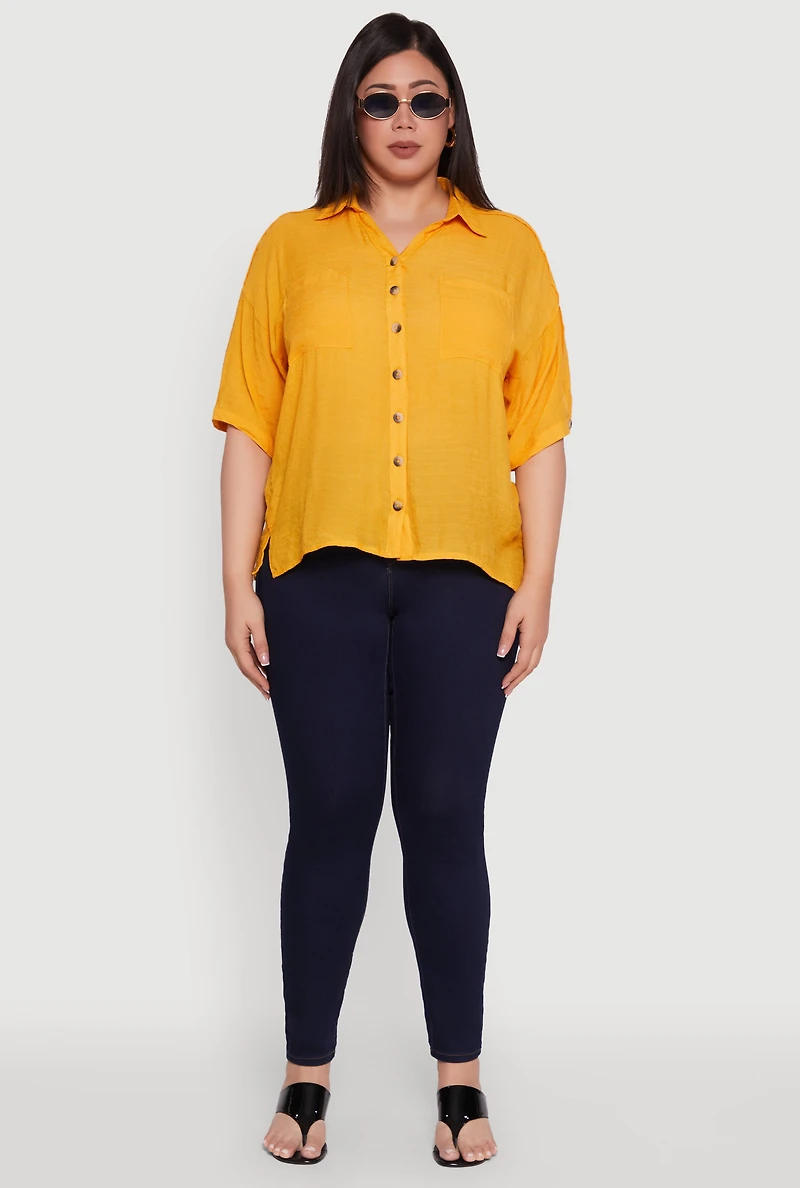 Womens Plus Chic Side Slit Button Front Shirt, Yellow,