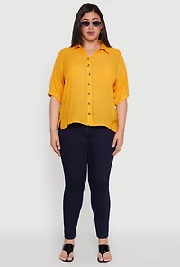 Womens Plus Chic Side Slit Button Front Shirt, Yellow,
