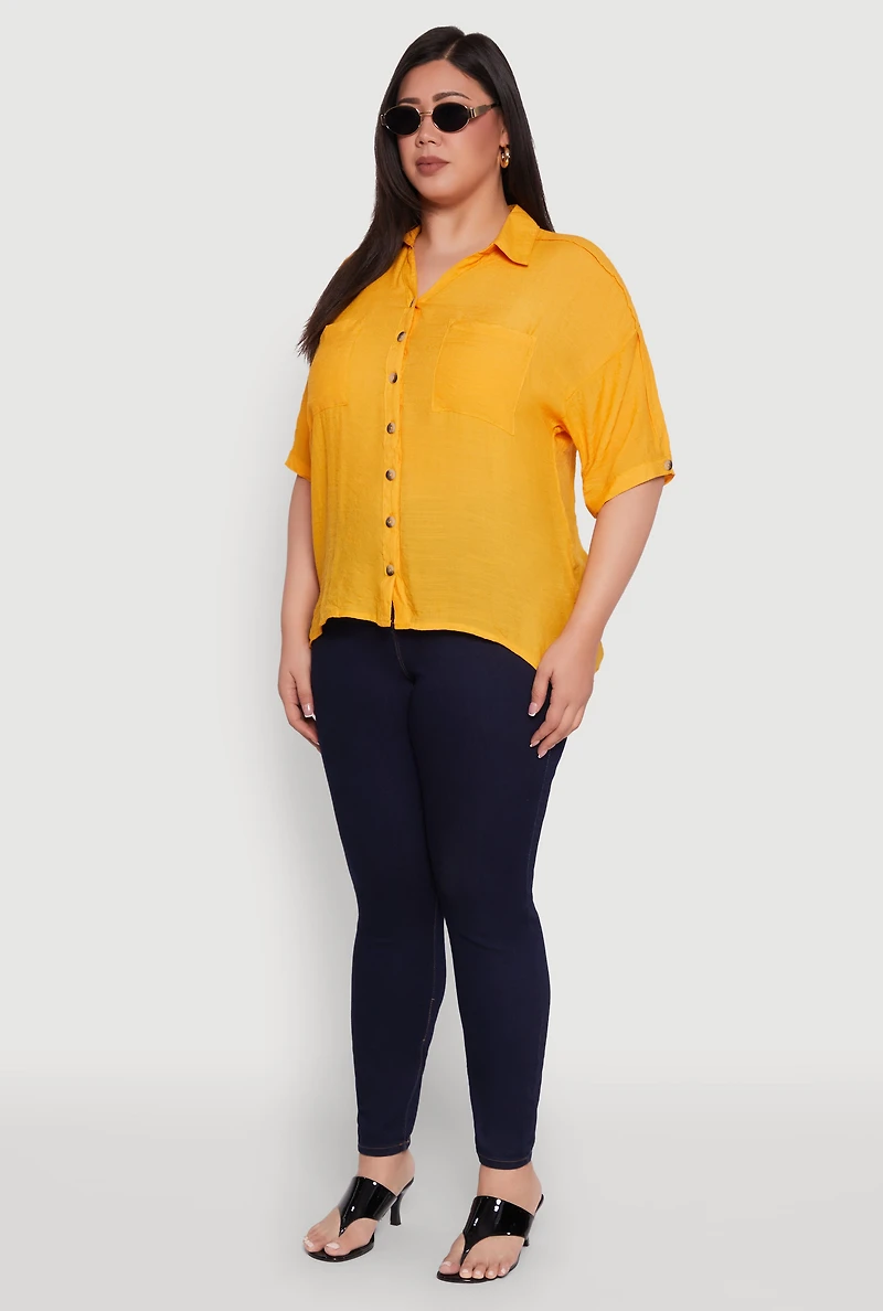 Womens Plus Chic Side Slit Button Front Shirt, Yellow,