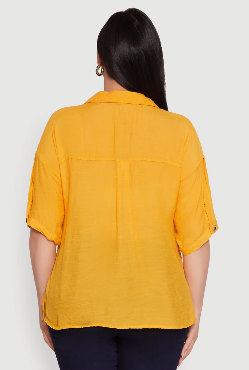 Womens Plus Chic Side Slit Button Front Shirt, Yellow,