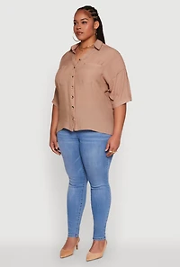 Womens Plus Chic Side Slit Button Front Shirt, Brown,