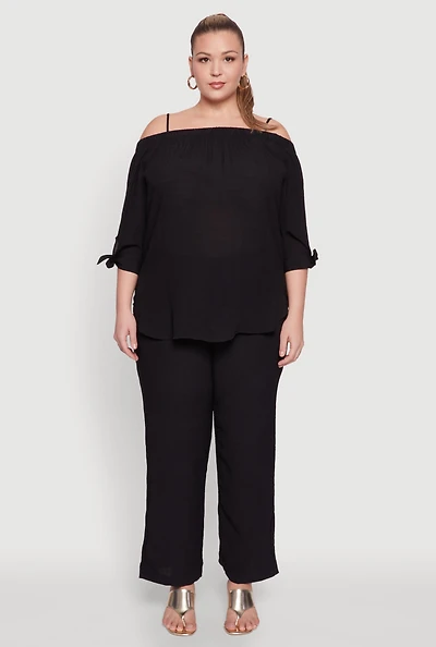 Womens Plus Gauze Knit Cold Shoulder Blouse,