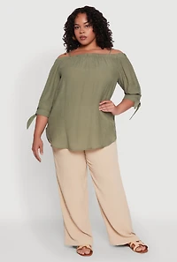 Womens Plus Size Gauze Knit Cold Shoulder Blouse, Green, Size 1X