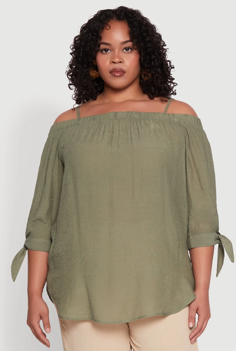 Womens Plus Size Gauze Knit Cold Shoulder Blouse, Green, Size 1X