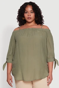 Womens Plus Size Gauze Knit Cold Shoulder Blouse, Green, Size 1X