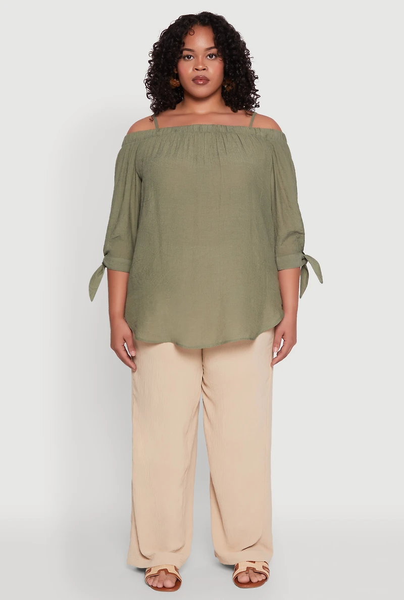 Womens Plus Size Gauze Knit Cold Shoulder Blouse, Green, Size 1X