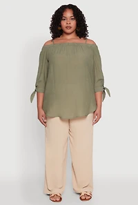 Womens Plus Size Gauze Knit Cold Shoulder Blouse, Green, Size 1X