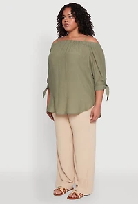 Womens Plus Size Gauze Knit Cold Shoulder Blouse, Green, Size 1X