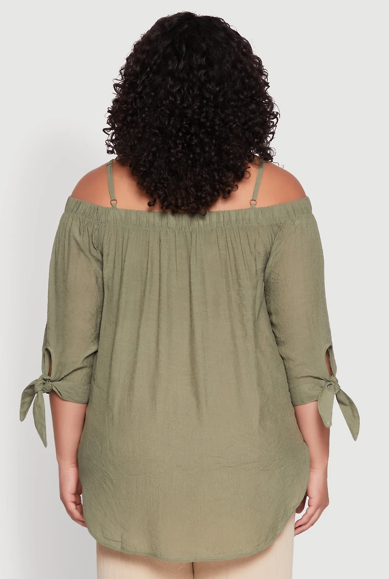 Womens Plus Size Gauze Knit Cold Shoulder Blouse, Green, Size 1X