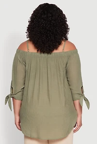 Womens Plus Size Gauze Knit Cold Shoulder Blouse, Green, Size 1X