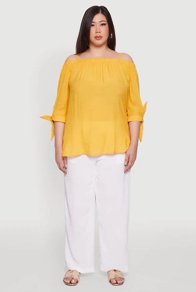 Womens Plus Size Gauze Knit Cold Shoulder Blouse, Yellow, Size 2X