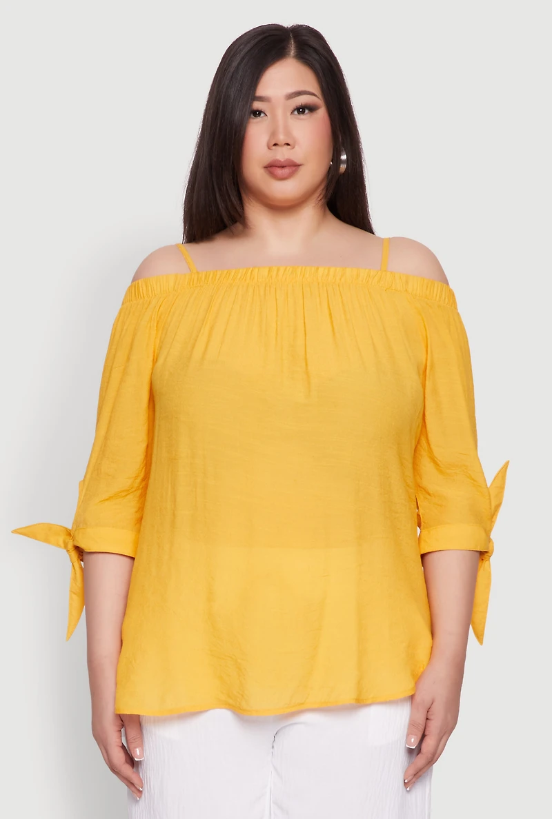 Womens Plus Size Gauze Knit Cold Shoulder Blouse, Yellow, Size 2X