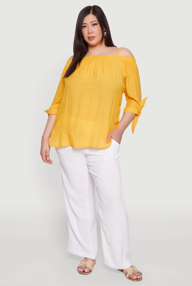 Womens Plus Size Gauze Knit Cold Shoulder Blouse, Yellow, Size 2X