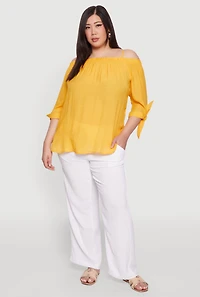 Womens Plus Size Gauze Knit Cold Shoulder Blouse, Yellow, Size 2X