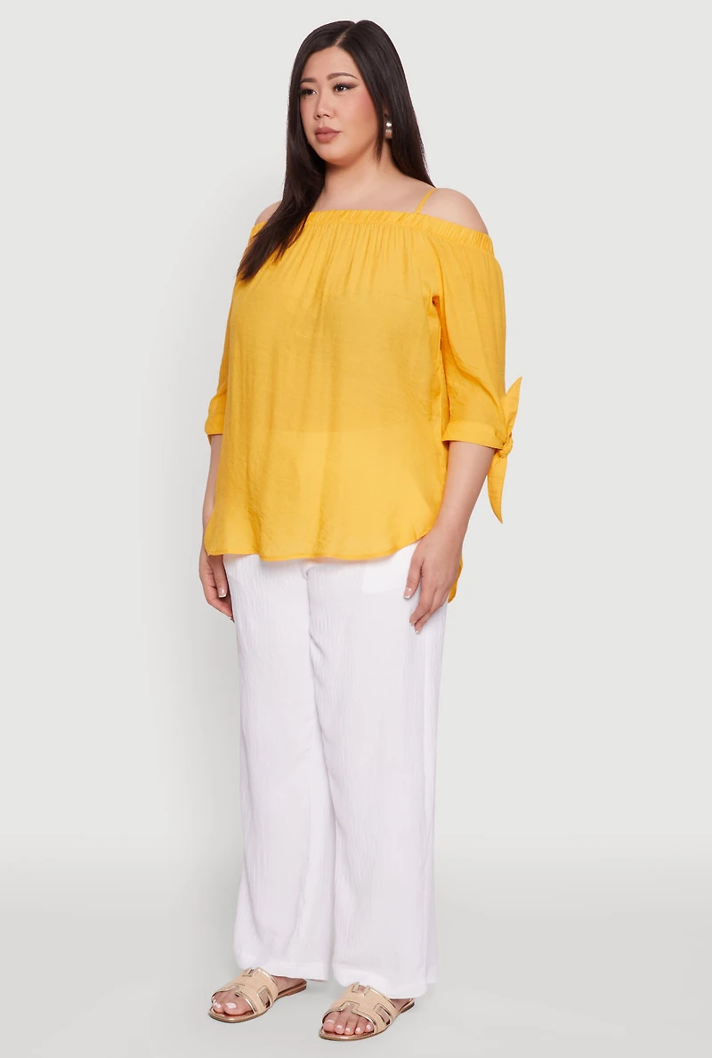Womens Plus Size Gauze Knit Cold Shoulder Blouse, Yellow, Size 2X