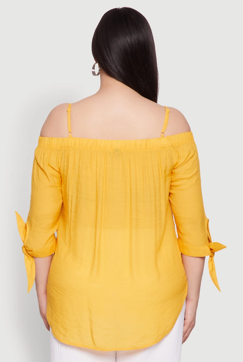 Womens Plus Size Gauze Knit Cold Shoulder Blouse, Yellow, Size 2X