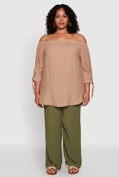 Womens Plus Gauze Knit Cold Shoulder Blouse,