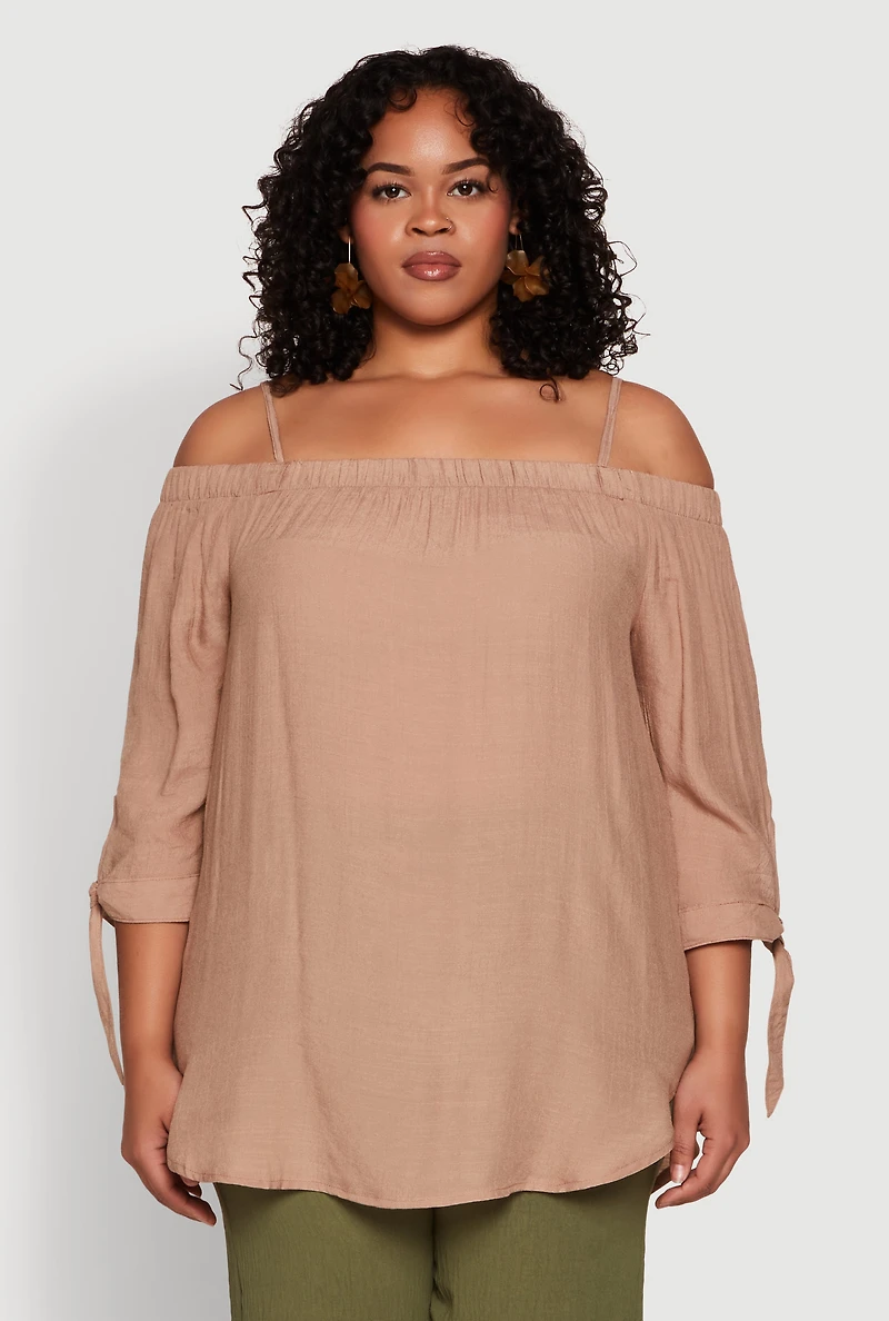 Womens Plus Size Gauze Knit Cold Shoulder Blouse, Beige, Size 3X