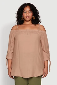 Womens Plus Size Gauze Knit Cold Shoulder Blouse, Beige, Size 3X