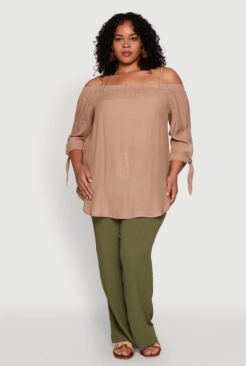 Womens Plus Size Gauze Knit Cold Shoulder Blouse, Beige, Size 3X