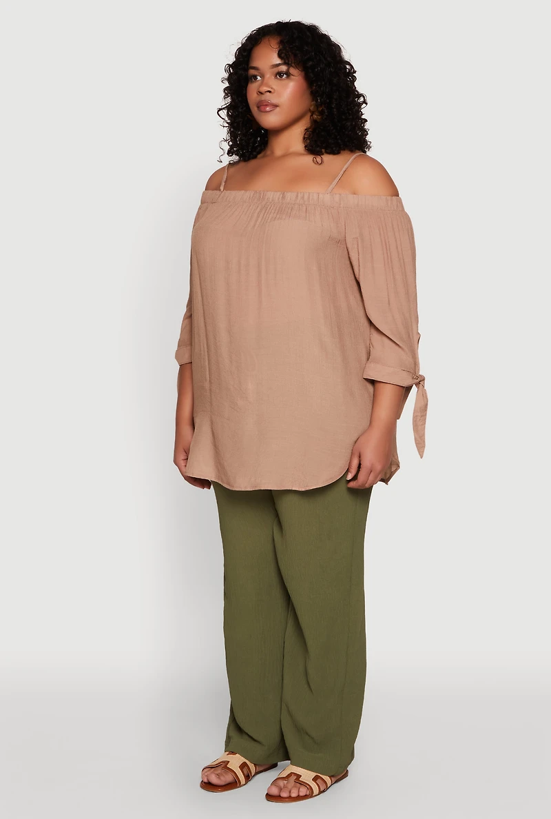 Womens Plus Size Gauze Knit Cold Shoulder Blouse, Beige, Size 3X