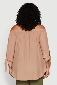 Womens Plus Size Gauze Knit Cold Shoulder Blouse, Beige, Size 3X