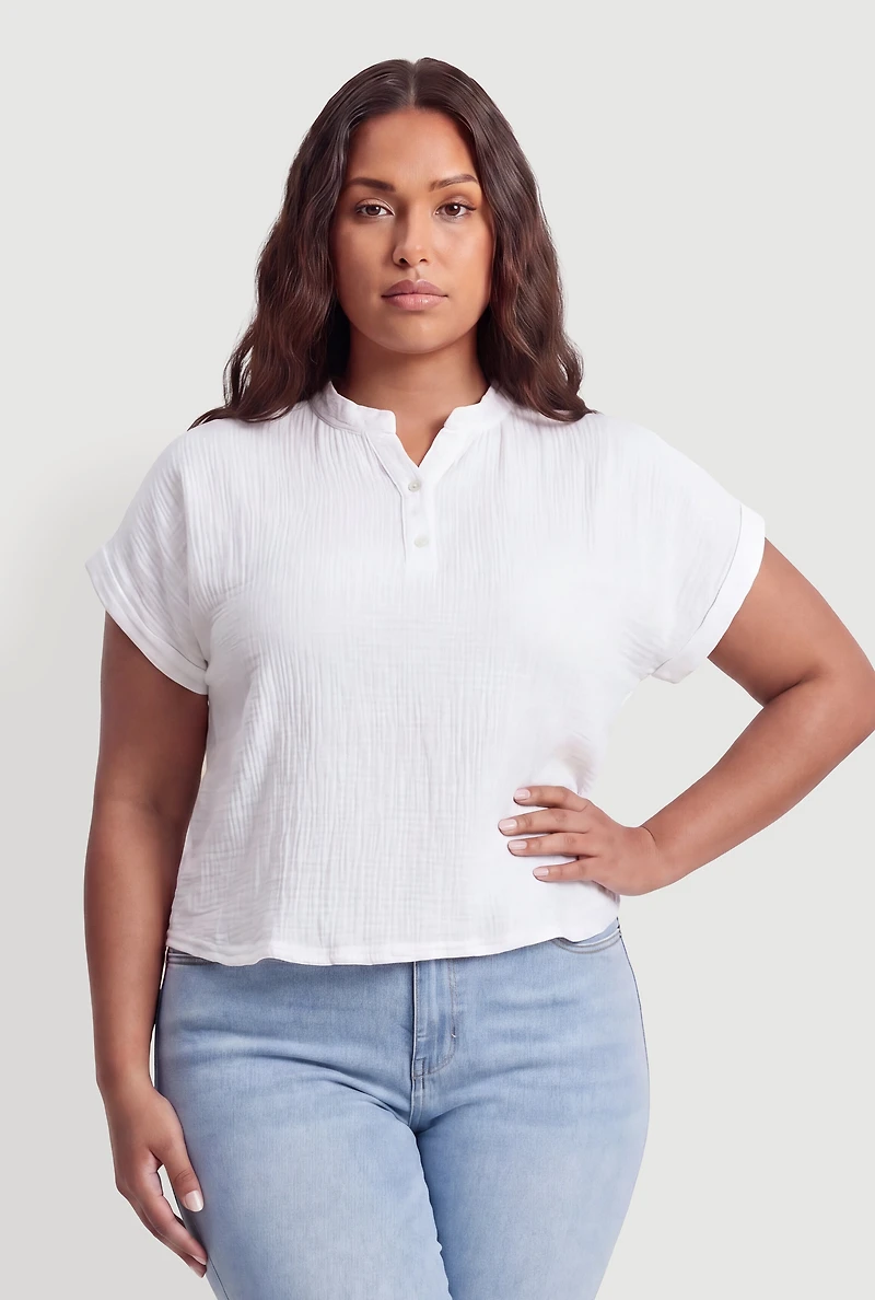 Plus Blouson Quarter Sleeve Notch Neck Blouse