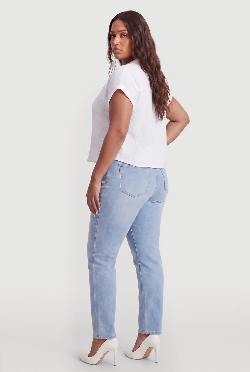 Plus Blouson Quarter Sleeve Notch Neck Blouse