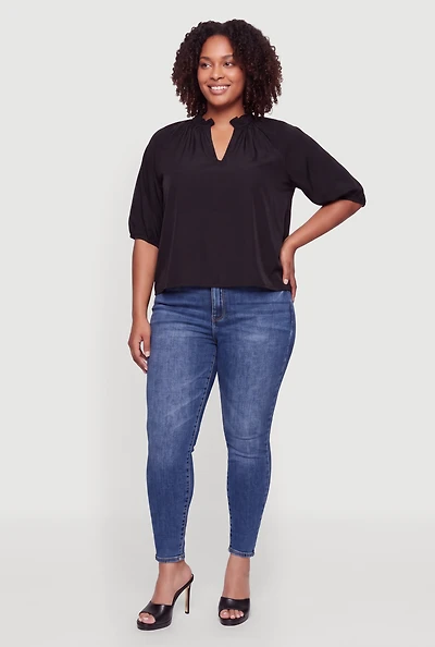 Plus Ruffle Notch Neck Quarter Sleeve Blouse