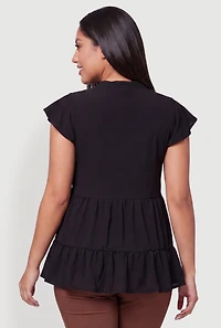 Plus Flutter Sleeve Tiered Button Front Top