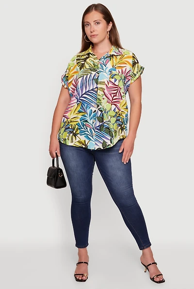 Plus Floral Button Front Dolman Sleeve Shirt