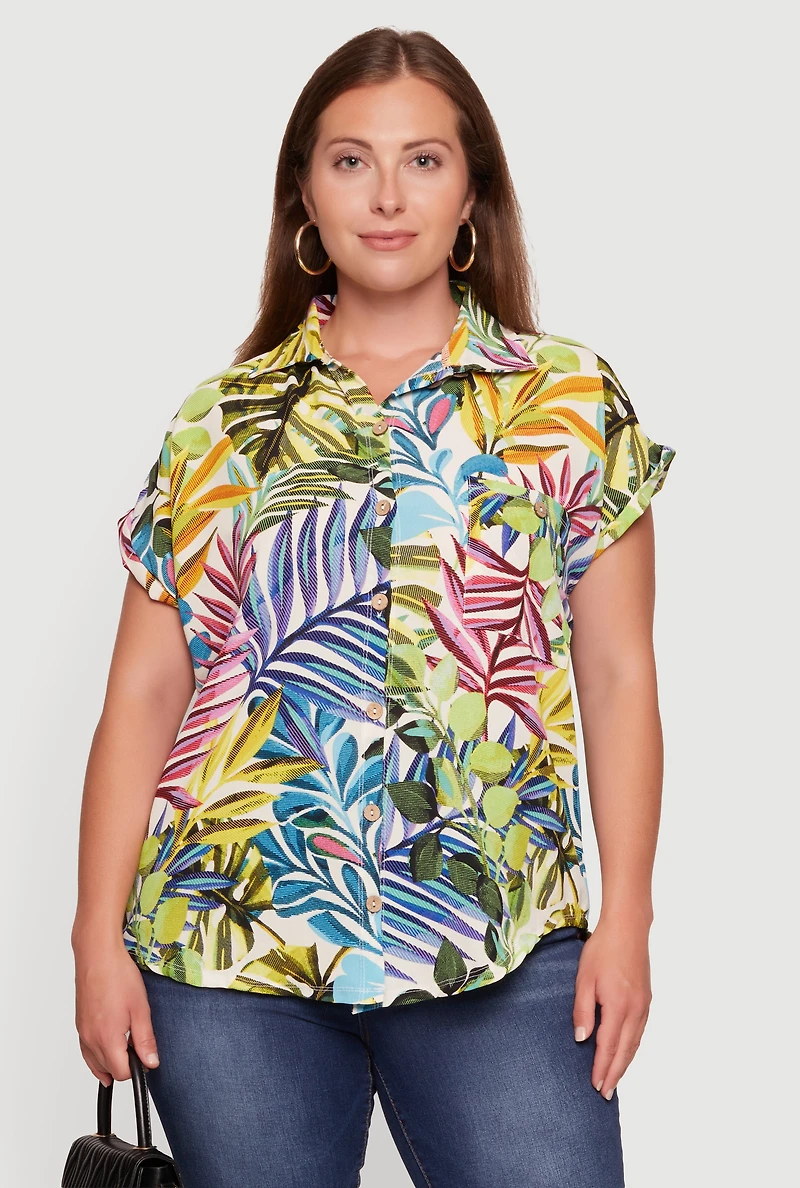 Plus Floral Button Front Dolman Sleeve Shirt