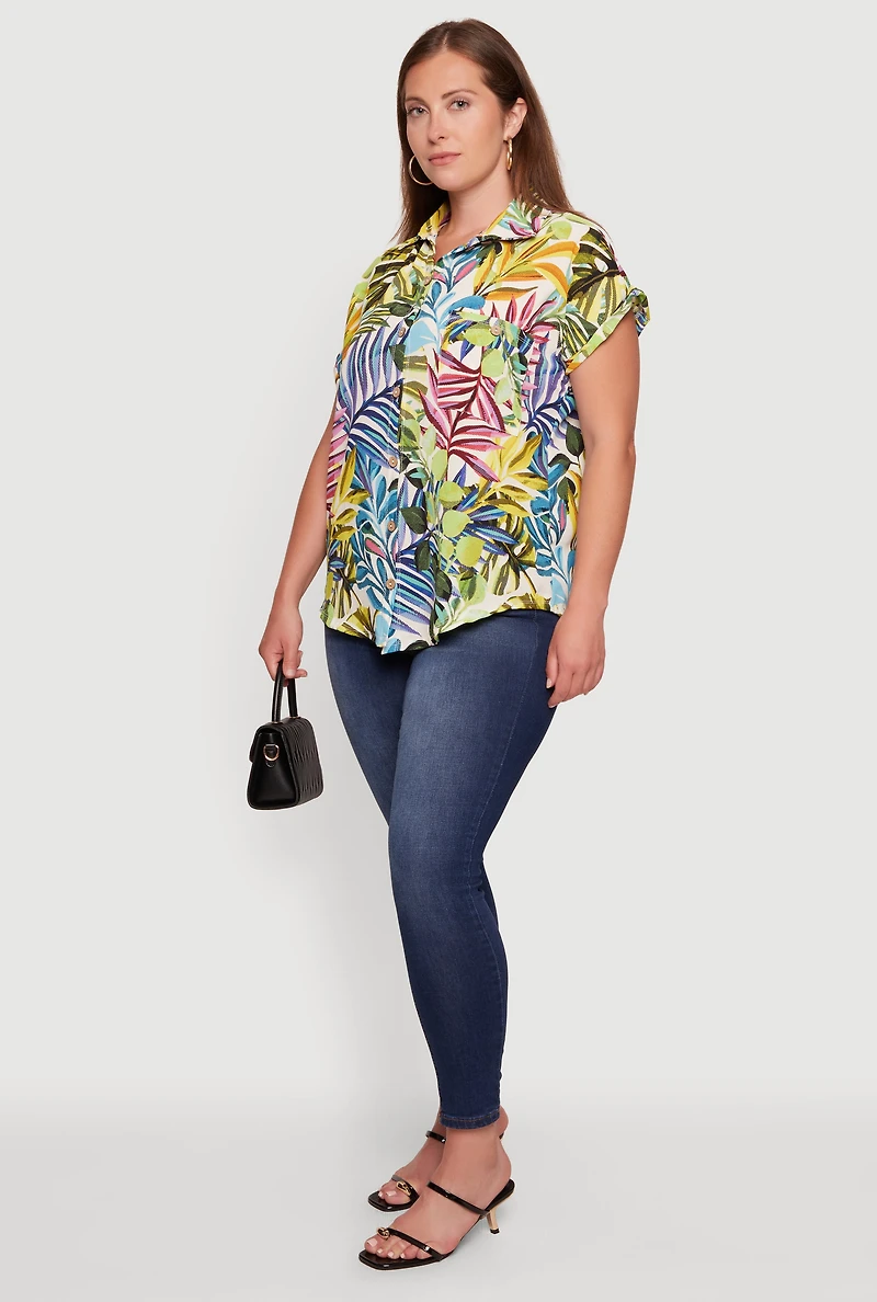 Plus Floral Button Front Dolman Sleeve Shirt