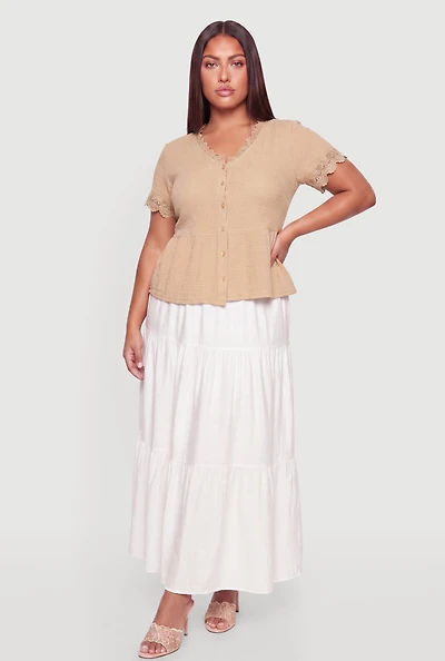 Plus Lace Detail Gauze Knit Button Front Top