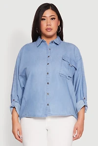 Womens Plus Size Chambray Tabbed Pocket Shirt, Blue, Size 1X