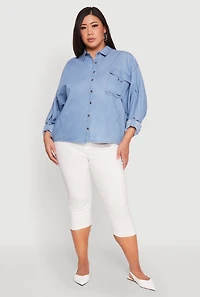 Womens Plus Size Chambray Tabbed Pocket Shirt, Blue, Size 1X