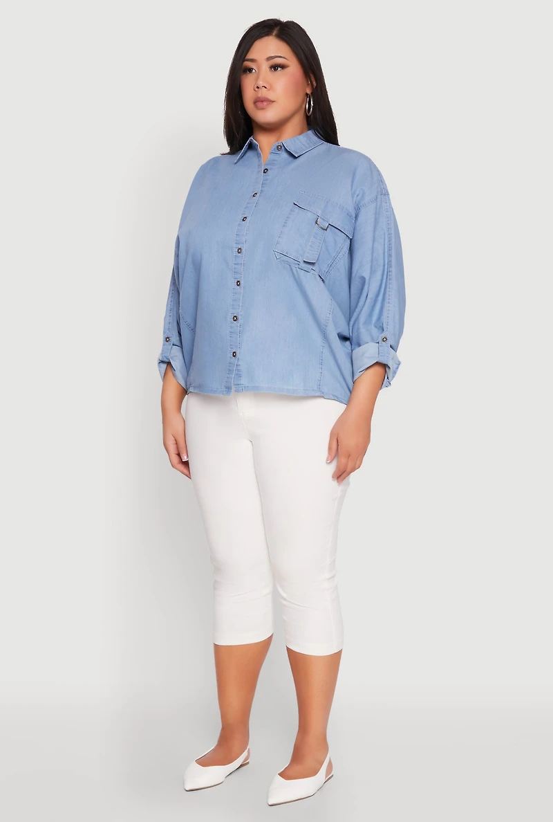 Womens Plus Size Chambray Tabbed Pocket Shirt, Blue, Size 1X