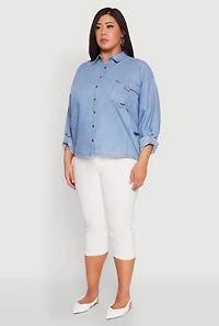Womens Plus Size Chambray Tabbed Pocket Shirt, Blue, Size 1X