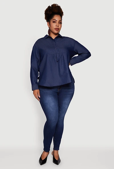 Womens Plus Size Denim Long Sleeve Half Button Front Blouse, Blue, Size 2X