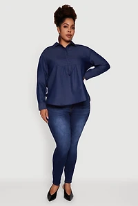 Womens Plus Size Denim Long Sleeve Half Button Front Blouse, Blue, Size 2X
